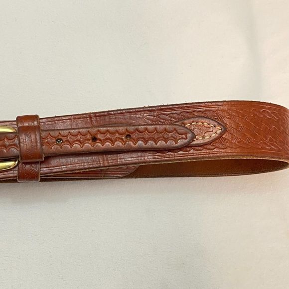 Mens Belt Large Waist Distressed Heavy Duty Tooled Leather Strap Buckle Overlay - Picture 3 of 11